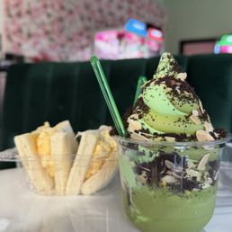 Egg sando and pandan coconut + matcha soft serve
