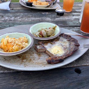 The Trading Post - Whiskey Butter Ribeye with green beans and Mac and cheese. - Southern Near Me - Emerald Isle, North Carolina