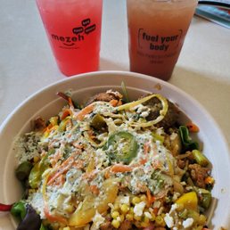 Custom bowl (dressing already mixed in versus being on the side) + Lemongrass Berry and Strawberry Lemonade drinks