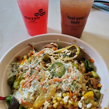 Mezeh - Custom bowl (dressing already mixed in versus being on the side) + Lemongrass Berry and Strawberry Lemonade drinks - Mediterranean Near Me - Clinton, Maryland