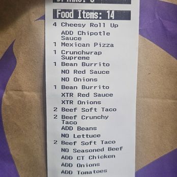 Taco Bell - Recipt showing sauces clearly on order. - Fast Food Near Me - Port Orchard, Washington Taco Bell - Recipt showing sauces clearly on order. - Fast Food Near Me - Port Orchard, Washington