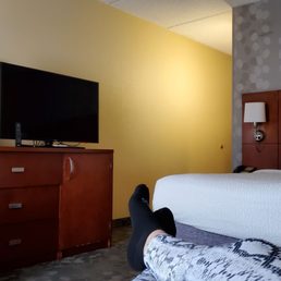 Tv swivels so you can watch from the Sofa & Bed. Small but decent room Tv swivels so you can watch from the Sofa & Bed. Small but decent room