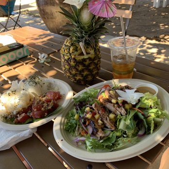 Barefoot Beach Cafe - Poke on left. Sale with grilled chicken on right.  Pineapple smoothie and iced tea in the back. - Breakfast & Brunch Near Me - Honolulu, Hawaii