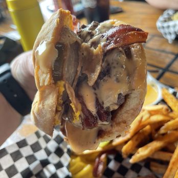 J&M’s Bar & Grill - Jalapeno with onion ring and beer cheese burger - Dive Bars Near Me - Somers, Wisconsin