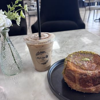 Fig and Olive Cafe - Fig and Honey Iced Coffee and Pistachio Cream New York Roll - Desserts Near Me - Greensboro, North Carolina Fig and Olive Cafe - Fig and Honey Iced Coffee and Pistachio Cream New York Roll - Desserts Near Me - Greensboro, North Carolina
