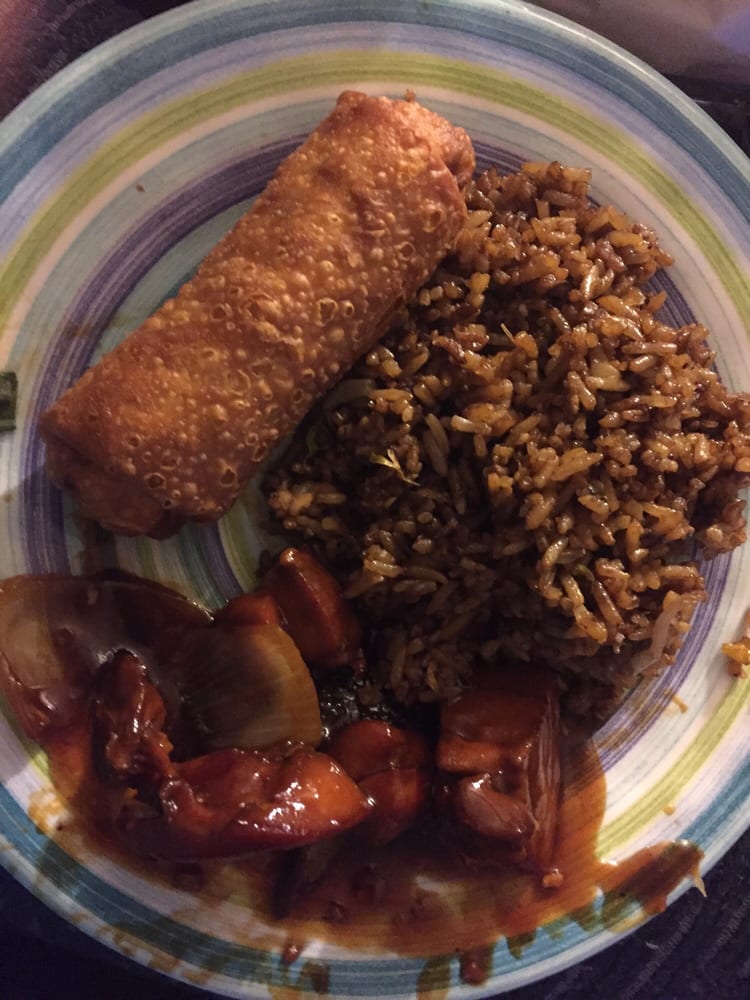 Bourbon chicken, fried rice, veggie egg roll. Homemade and delish! Yelp