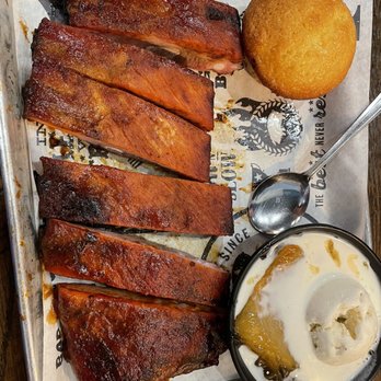 Famous Dave's Bar-B-Que - Some kind of rib, Peach Cobbler and cornbread muffin (best part of entire meal) - Barbeque Near Me - Mesa, Arizona