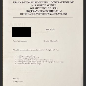 Frank J. Devonshire General Contracting - Receipt showing he installed a cap on the chimney - General Contractors Near Me - Wilmington, Delaware Frank J. Devonshire General Contracting - Receipt showing he installed a cap on the chimney - General Contractors Near Me - Wilmington, Delaware