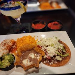 Takos Cantina - Beef tostada, chicken burrito and house margarita!