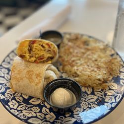 Honey Berry Pancakes And Cafe- Plano - Breakfast Burrito with Bacon, SO good! Loved the green salsa.