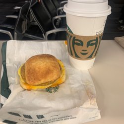 Starbucks - Grande white chocolate mocha with soy milk and a impossible sausage breakfast sandwich