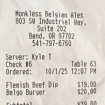 Monkless Belgian Ales - Receipt - Monkless Belgian Ales - Bend Oregon - 10/01/2025 - Belgian Near Me - Bend, Oregon Monkless Belgian Ales - Receipt - Monkless Belgian Ales - Bend Oregon - 10/01/2025 - Belgian Near Me - Bend, Oregon