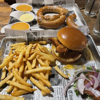 Tavern on the Lake - Chicken & Waffles, pretzel appetizer, and The Dude Abides chicken sandwich - Bars Near Me - Hobart, Indiana Tavern on the Lake - Chicken & Waffles, pretzel appetizer, and The Dude Abides chicken sandwich - Bars Near Me - Hobart, Indiana