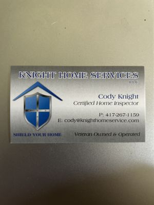 Knight Home Services, LLC Home inspection service. - Knight Home Services, LLC is a Veteran owned and operated home inspection company that prides itself in thorough, honest, accurate and timely home inspections. We are located in the Bolivar, Mo area and serving all areas within a 75 mile radius of Bolivar. Give us a call today or find us on Facebook! We look forward to helping you Shield Your Home. Knight Home Services, LLC Home inspection service. - Knight Home Services, LLC is a Veteran owned and operated home inspection company that prides itself in thorough, honest, accurate and timely home inspections. We are located in the Bolivar, Mo area and serving all areas within a 75 mile radius of Bolivar. Give us a call today or find us on Facebook! We look forward to helping you Shield Your Home.