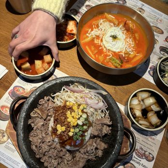 Jin Cook - top: Rose Tteokbokki bottom: Brisket Hot Stone and banchan! - Korean Near Me - Glendale, California