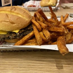 Black bean burger + sweet potato fries (shared portion!)