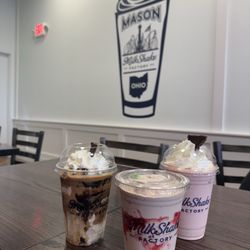 MilkShake Factory Mason - Non dairy chocolate shake with raspberry puree, strawberry banana shake and peanut butter melt away sundae