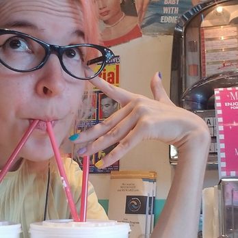 Cafe 50's - Me with my 50s glasses dealing with getting stuck with 2 30 cent milkshakes on Maisel Day - Diners Near Me - Los Angeles, California