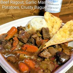 Main St. Deli - Beef Ragout; Slow simmered Beef and Vegetables served with Garlic Mashed Potatoes and Toasted Baguette