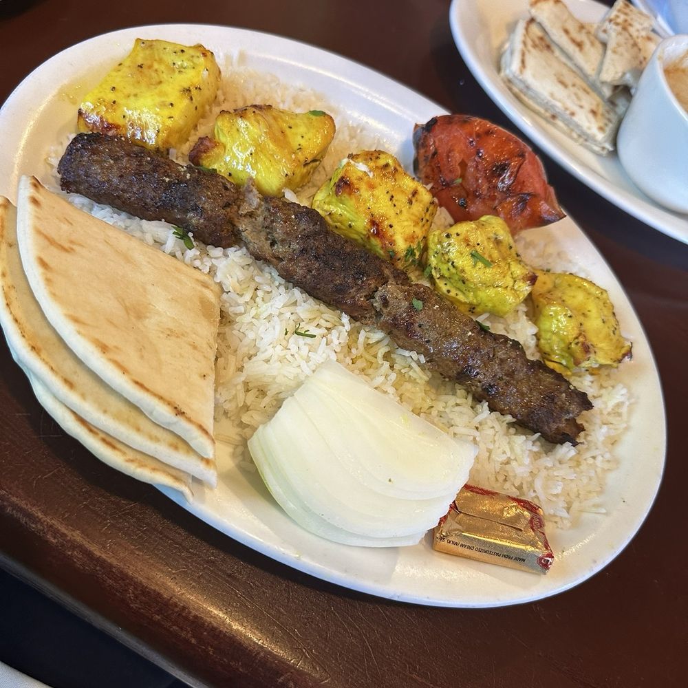 The Med - Lamb kabob chicken kabob with rice and pita bread & w roasted tomato - Greek Near Me - Salt Lake City, Utah