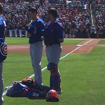 Goodyear Ballpark - Kyle Hendricks and Victor Caratini during the National Anthem - Stadiums & Arenas Near Me - Goodyear, Arizona Goodyear Ballpark - Kyle Hendricks and Victor Caratini during the National Anthem - Stadiums & Arenas Near Me - Goodyear, Arizona