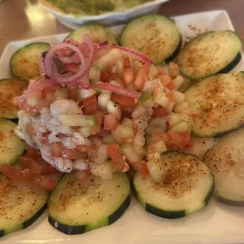 Carnitas al Estilo Michoacan - Tostada de camarón curtido $13.99 - Mexican Near Me - Moreno Valley, California