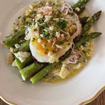 Cafe Colline - ASPARAGUS -- sauce gribiche, fried egg, breadcrumbs, pickled shallots - French Near Me - Arlington, Virginia Cafe Colline - ASPARAGUS -- sauce gribiche, fried egg, breadcrumbs, pickled shallots - French Near Me - Arlington, Virginia