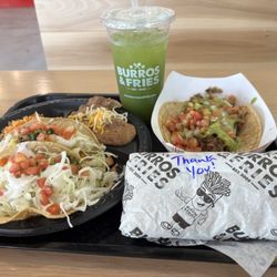 Burros & Fries - #2 Two Fish Tacos Rice & Beans, Carne Asada Burro and Soft Taco - Carnitas