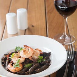 Comida Cafe & Restaurant - Squid ink penne, banana prawns, with a dash of chilli, garlic, parsley, & a sauce Marinara.