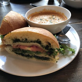 Oak Wood Fire Kitchen - Turkey pesto sandwich with tomato basil soup - Pizza Near Me - Draper, Utah Oak Wood Fire Kitchen - Turkey pesto sandwich with tomato basil soup - Pizza Near Me - Draper, Utah