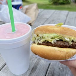 Delux Burger & strawberry malt Delux Burger & strawberry malt