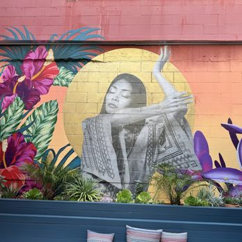 Mestiza - Beautiful Mural and Lovely Cacti Plants in their outdoor patio area. - Vegetarian Near Me - San Francisco, California