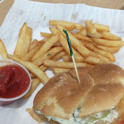 Burgers Wings & Things - Halibut burger with fries (already partially eaten, lol)