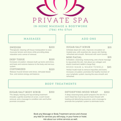 Private Spa Services In-Home Massage & Bodywork - Special Menu for Tourists & Locals of Key West Florida. Call Now! Be sure to ask about Special Offers!