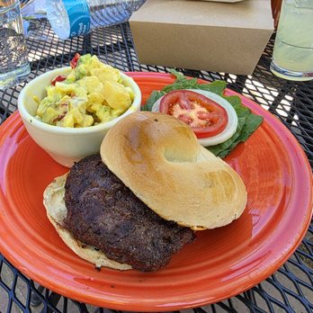 Farmhouse Cafe and Bakery - Bison Burger & Potato Salad as the side - Cafes Near Me - Taos, New Mexico