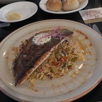 Backstreet Cafe - Crispy Seared Striped Bass and Red Corn Chicken Enchiladas - New American Near Me - Houston, Texas