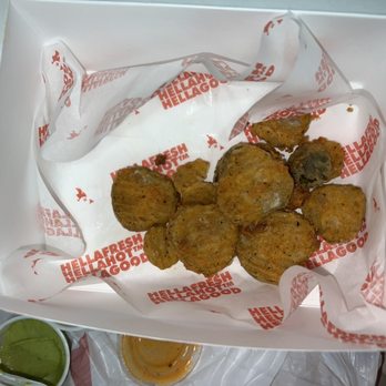 Hellahot - Fried pickles (pretty good, but the coating slips off easily) 8/10 - Chicken Shop Near Me - San Luis Obispo, California Hellahot - Fried pickles (pretty good, but the coating slips off easily) 8/10 - Chicken Shop Near Me - San Luis Obispo, California