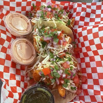 Charlie's Seafood - Two shrimp and one fish taco, green salsa spicy in a very good way. - Seafood Near Me - Modesto, California
