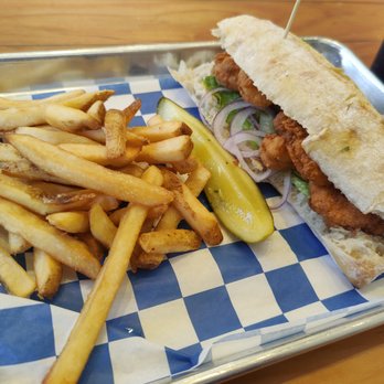St. Augustine Seafood Company - Shrimp Po' Boy - never seen a Po' Boy on an elongated Ciabatta Roll before :/ - Seafood Near Me - St. Augustine, Florida St. Augustine Seafood Company - Shrimp Po' Boy - never seen a Po' Boy on an elongated Ciabatta Roll before :/ - Seafood Near Me - St. Augustine, Florida