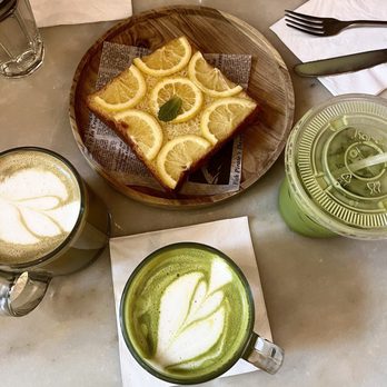 Davelle - Honey Lemon Toast and Matcha Latte (Hot) bottom center drink. - Japanese Near Me - New York, New York Davelle - Honey Lemon Toast and Matcha Latte (Hot) bottom center drink. - Japanese Near Me - New York, New York