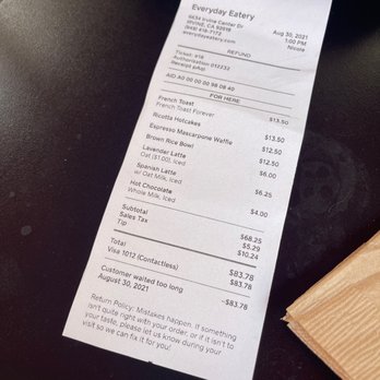 Everyday Eatery - Our refund receipt - Cafes Near Me - Irvine, California Everyday Eatery - Our refund receipt - Cafes Near Me - Irvine, California
