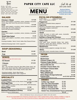 Menu photo 1 Paper City Cafe Johnsonburg, PA Menu photo 1 Paper City Cafe Johnsonburg, PA