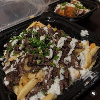 Shawarma Guys - Beef Shawarma Fries & Wagyu Beef Shawarma Egg Rolls (2pcs) in the back. - Middle Eastern Near Me - La Mesa, California