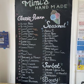 Mimi's Handmade Ice Cream - Menu. Make sure you look for the menus behind the counter too. - Ice Cream & Frozen Yogurt Near Me - Arlington, Virginia Mimi's Handmade Ice Cream - Menu. Make sure you look for the menus behind the counter too. - Ice Cream & Frozen Yogurt Near Me - Arlington, Virginia