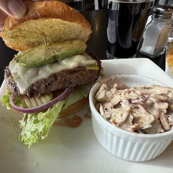 Flatiron bites & brews - Avocado bacon cheese burger and house Apple coleslaw - Cocktail Bars Near Me - Albuquerque, New Mexico