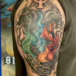 House of Misfits Tattoo - Dragon cover up tattoo , house of misfits tattoo