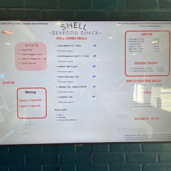 Shell Seafood Shack - Menu. There is another menu for a La carte lobster etc - Seafood Near Me - Chino Hills, California