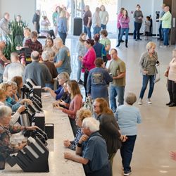Generations Church - People meet and get free coffee in the lobby of Generations Church in Southport, NC.