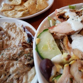 Baghdad Restaurant - Chicken Shwarma Salad, Baba Ganoush & Pita Chips - Middle Eastern Near Me - Syracuse, New York