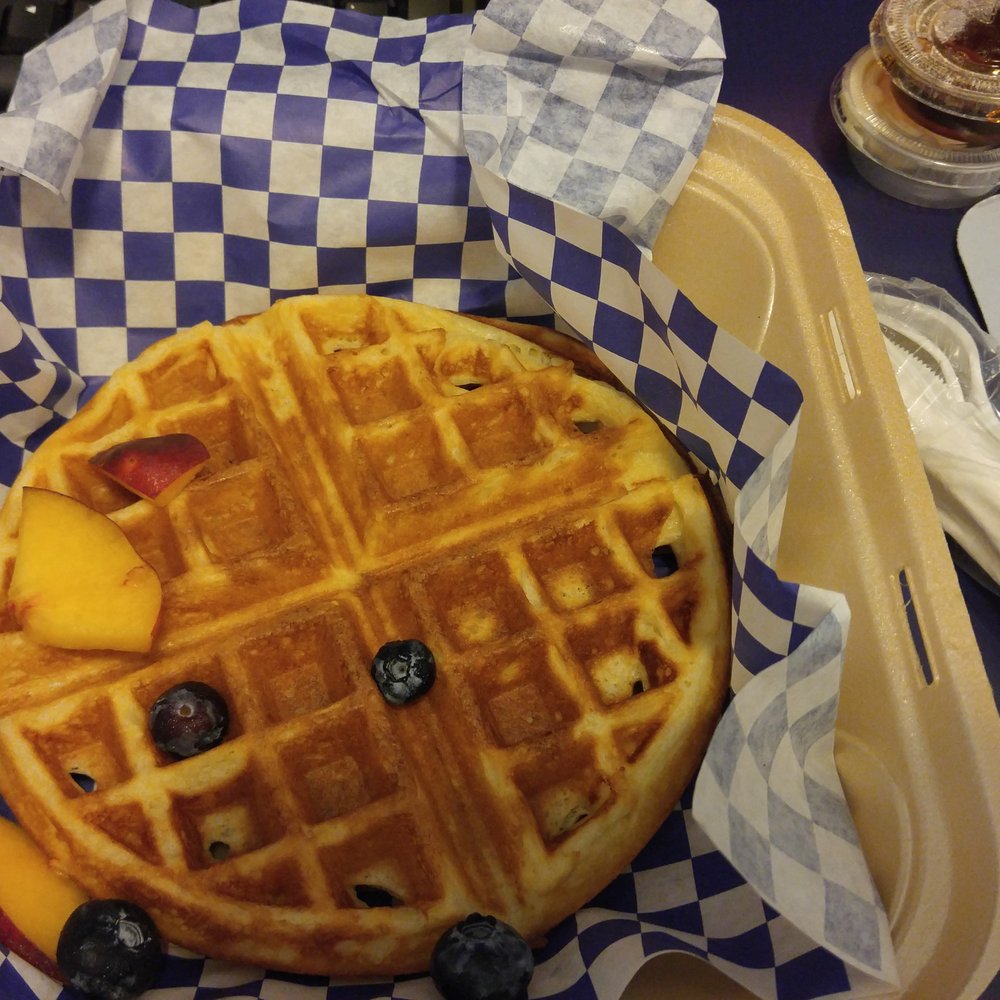 Dollop Diner - See the 4 blueberries and 3 slices of peach that is apparently Dollop's idea of "buttermilk waffle with fruit" for $8. - Breakfast & Brunch Near Me - Chicago, Illinois Dollop Diner - See the 4 blueberries and 3 slices of peach that is apparently Dollop's idea of "buttermilk waffle with fruit" for $8. - Breakfast & Brunch Near Me - Chicago, Illinois